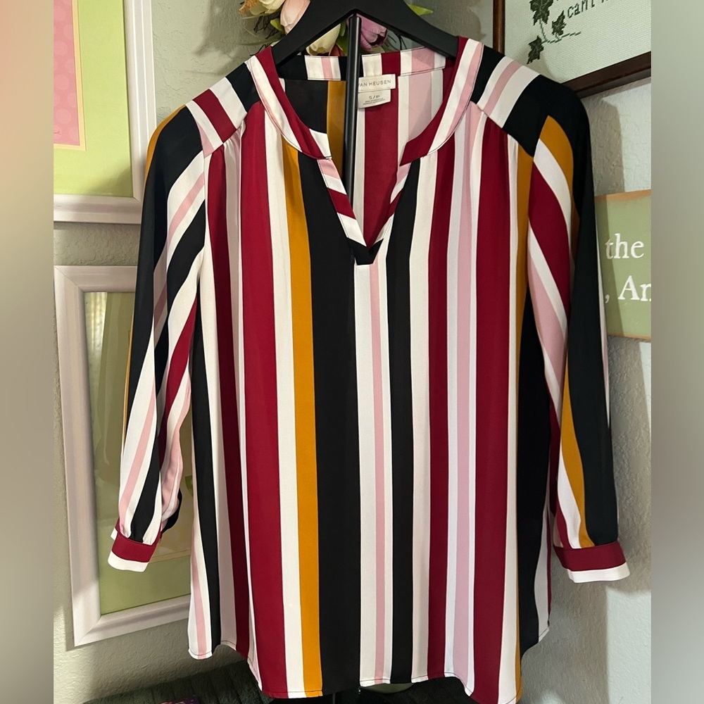 Van Heusen Burgundy, Black & Mustard Vertical Stripe V-Neck Blouse SP #104